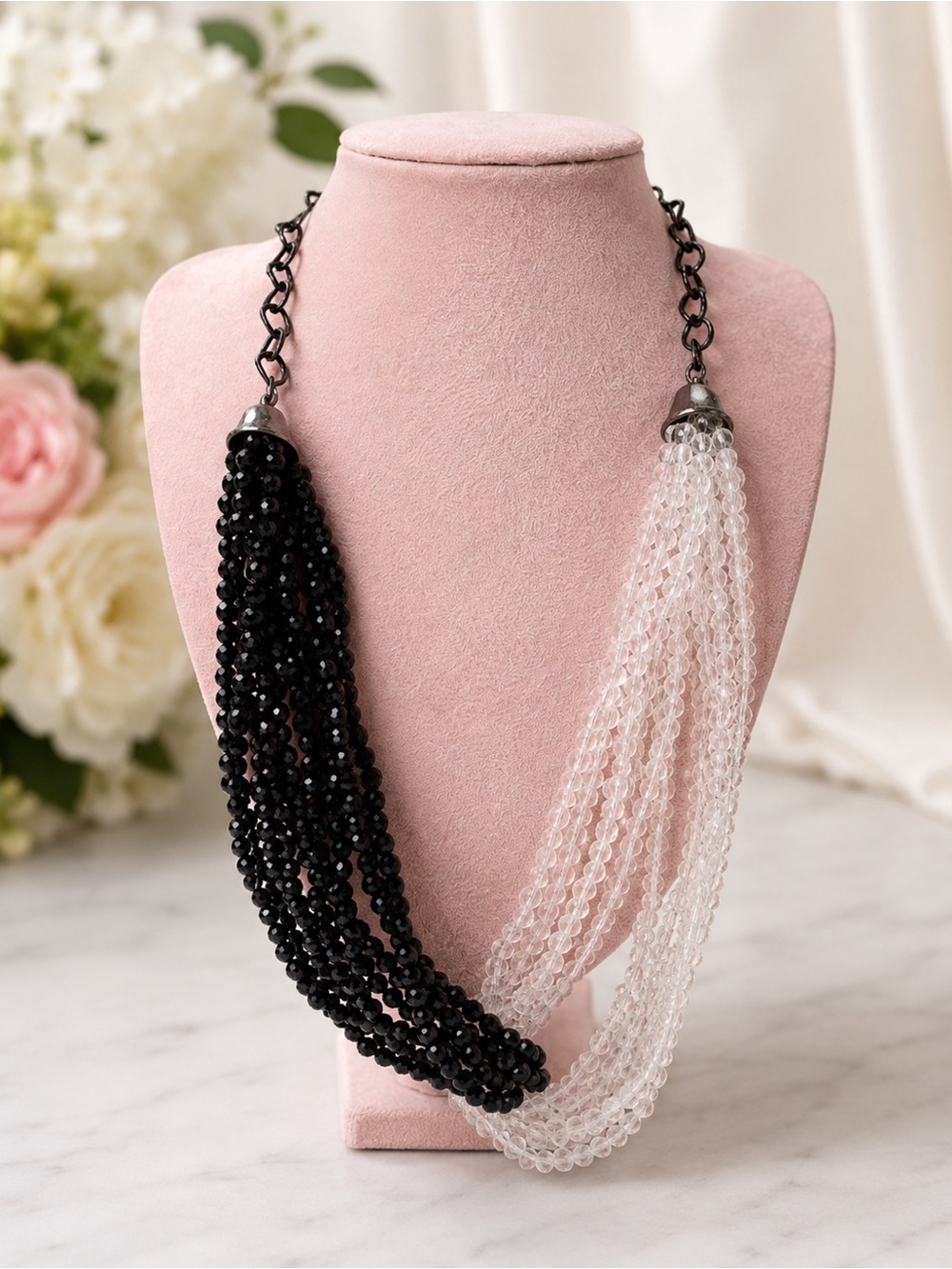 Crystal Beaded Two Tone Necklace Black‎ & Clear Beads Long Necklace